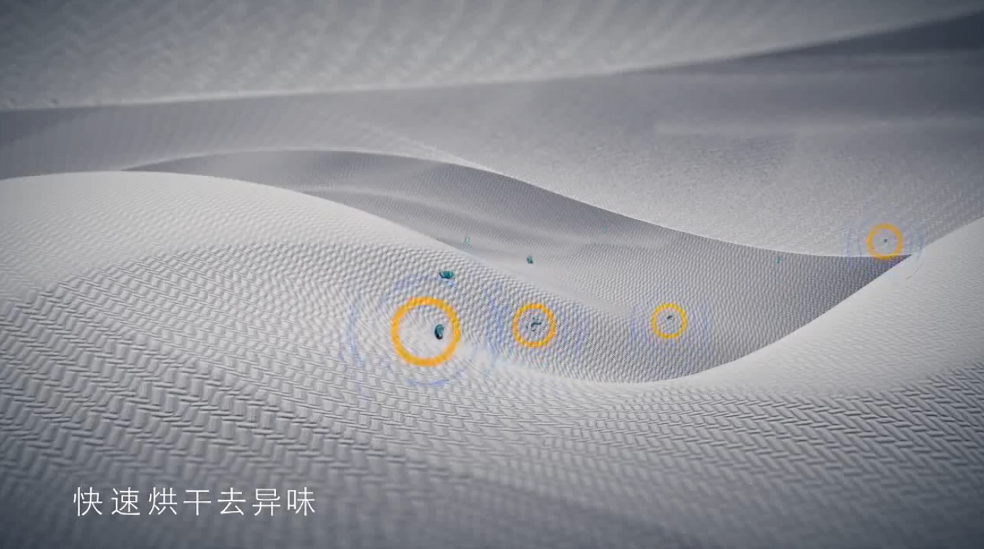 三维场景模拟织物微观场景，蓝色水珠自下而上消散，体现快速烘干的特点。